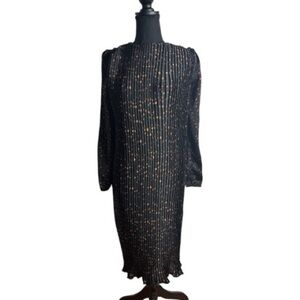 NOTE Black Pleated Polka Dot Midi Dress Long Sleeve Shift Style Sz XS